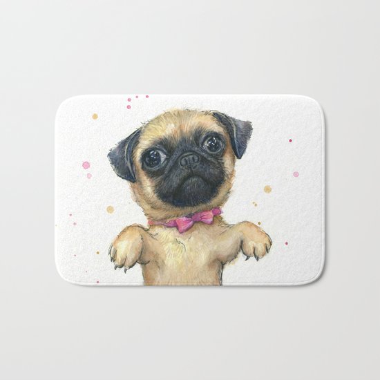 Cute Pug Puppy Dog Watercolor Painting Bath Mat