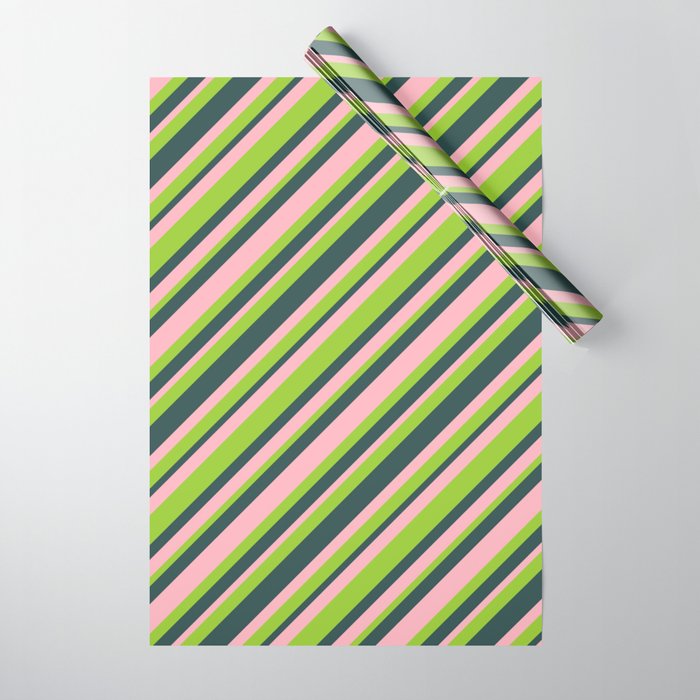 Light Pink, Green & Dark Slate Gray Colored Striped/Lined Pattern Wrapping Paper
