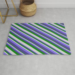 [ Thumbnail: Green, Light Gray, Medium Slate Blue, and Dark Slate Blue Colored Striped Pattern Rug ]