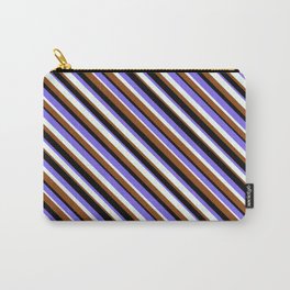 [ Thumbnail: Medium Slate Blue, Mint Cream, Brown & Black Colored Lined Pattern Carry-All Pouch ]