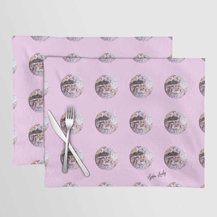Disco ball- dance the night away- Orange and pink- pink background Placemat