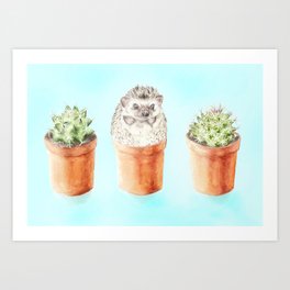Hedgehog Watercolor Cactus Terra Cotta Pots Art Print