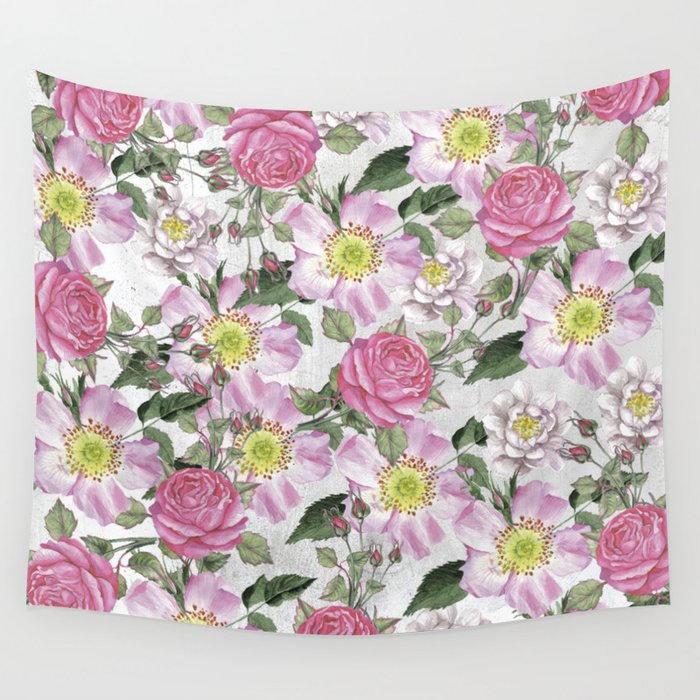 Vintage Rose Pattern Pink and White Wall Tapestry