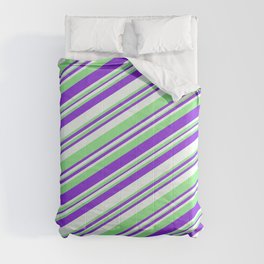 [ Thumbnail: Purple, Mint Cream & Light Green Colored Striped Pattern Comforter ]