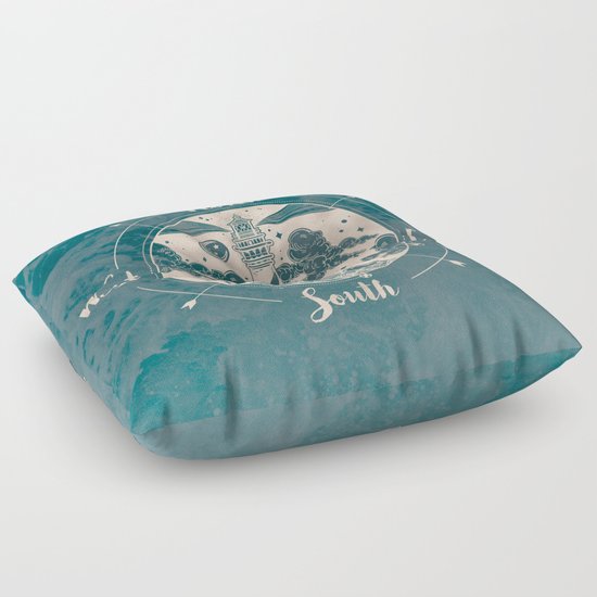Lighthouse Compass Ocean Waves Gold Floor Pillow by Cascadia Society6