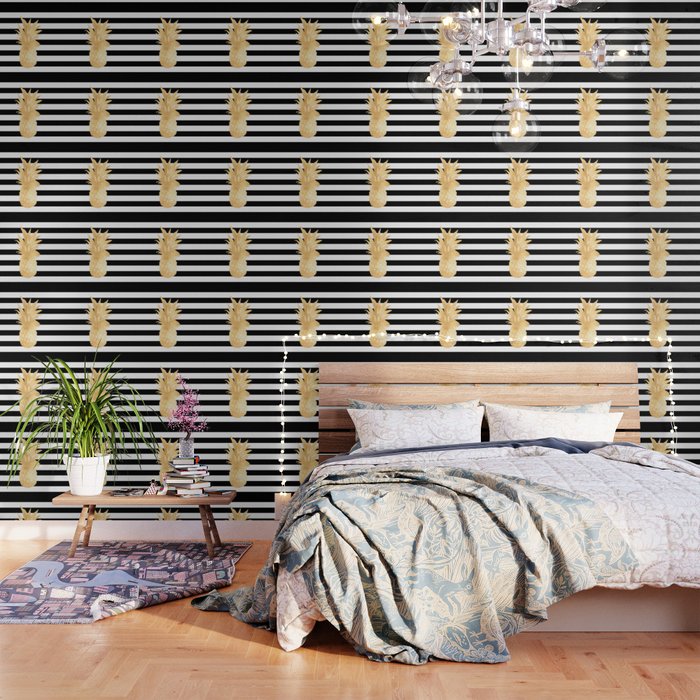 Gold Pineapple Black and White Stripes Wallpaper