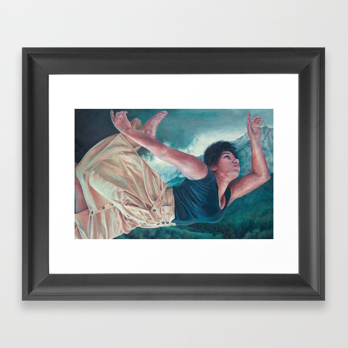 God's Orchestra, oil painting portrait of woman flying, lighthouse, dress, strong powerful woman Framed Art Print