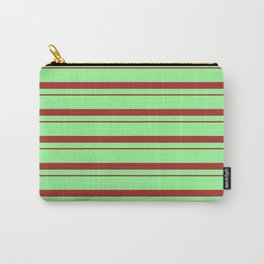 [ Thumbnail: Green & Brown Colored Striped Pattern Carry-All Pouch ]