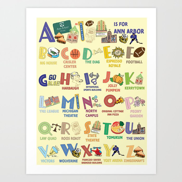 A is for Ann Arbor Alphabet Print - Yellow Art Print