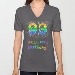 [ Thumbnail: 93rd Birthday - Fun Rainbow Spectrum Gradient Pattern Text, Bursting Fireworks Inspired Background V Neck T Shirt V-Neck T-Shirt ]