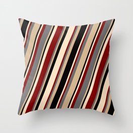 [ Thumbnail: Dim Grey, Tan, Black, Bisque & Maroon Colored Pattern of Stripes Throw Pillow ]