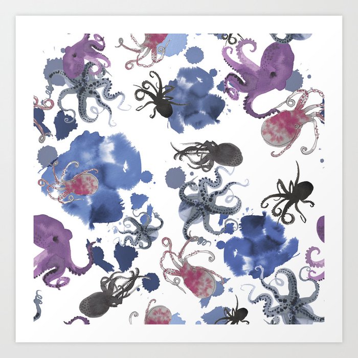 Octopus in blue ink Art Print