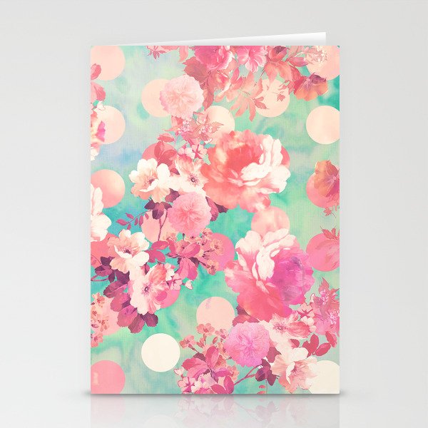 Romantic Pink Retro Floral Pattern Teal Polka Dots Stationery Cards