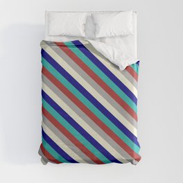 [ Thumbnail: Colorful Light Sea Green, Brown, Dark Grey, Beige, and Blue Colored Lines Pattern Duvet Cover ]
