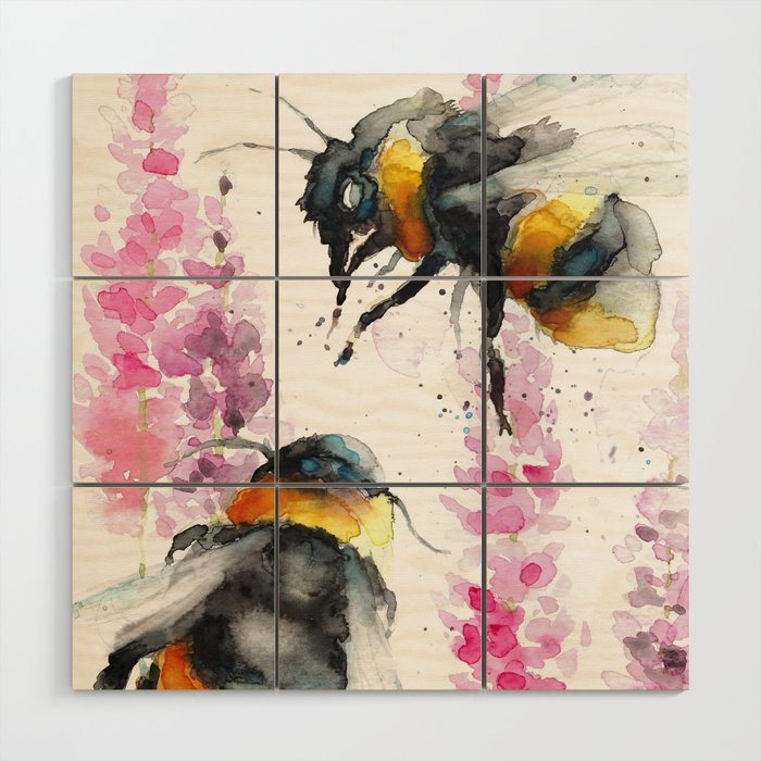 Bumblebees watercolor art Wood Wall Art
