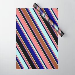 [ Thumbnail: Eyecatching Turquoise, Sienna, Light Coral, Blue, and Black Colored Lined Pattern Wrapping Paper ]