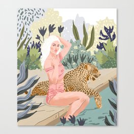 How to Train Your Leopard, Wild Cat Bohemian Woman Painting, Swimming Pool Bikini Summer Swim Animal Canvas Print