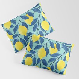 Vintage yellow lemon on the branches with leaves and blue sky hand drawn illustration pattern Pillow Sham
