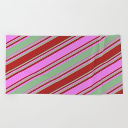[ Thumbnail: Dark Sea Green, Red, and Violet Colored Stripes Pattern Beach Towel ]