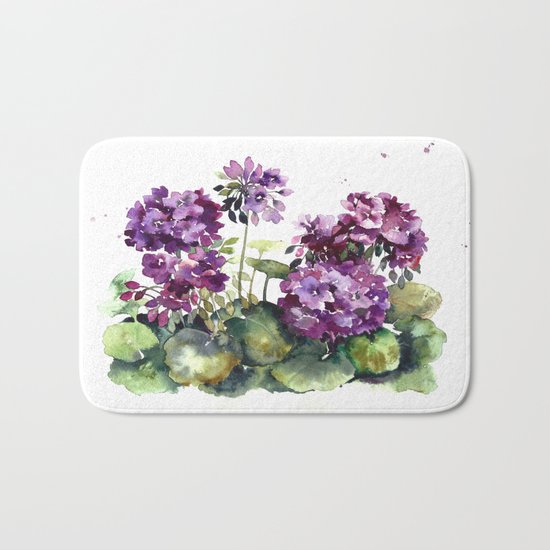Purple violet pelargonium geranium flowers watercolor Bath Mat
