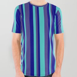 [ Thumbnail: Dark Blue, Dark Slate Blue & Turquoise Colored Pattern of Stripes All Over Graphic Tee ]