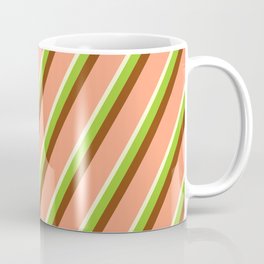 [ Thumbnail: Light Yellow, Green, Brown & Light Salmon Colored Lined/Striped Pattern Coffee Mug ]