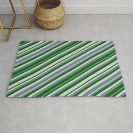 [ Thumbnail: Slate Gray, Dark Green & Light Gray Colored Striped/Lined Pattern Rug ]