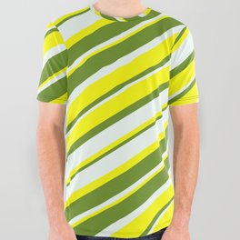 [ Thumbnail: Yellow, Green & Mint Cream Colored Lined Pattern All Over Graphic Tee ]