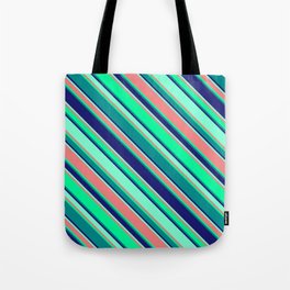 [ Thumbnail: Eyecatching Green, Dark Cyan, Midnight Blue, Aquamarine & Light Coral Colored Lines Pattern Tote Bag ]