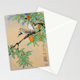 Amadina on the branch Japan Hieroglyph original artwork in japanese style J108 painting by Ksavera Stationery Cards
