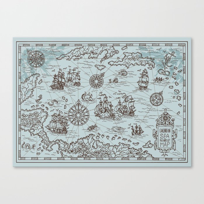 Old map of the Caribbean Sea with pirate ships, treasure islands, fantasy creatures. Pirate adventures, treasure hunt and old transportation concept. Hand drawn vintage illustration, vintage background Canvas Print