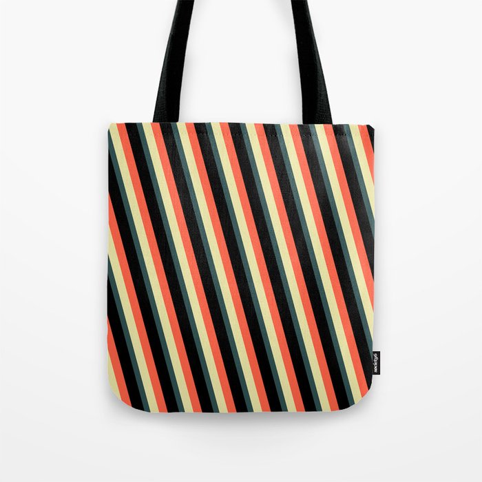Red, Pale Goldenrod, Dark Slate Gray, and Black Colored Lines Pattern Tote Bag