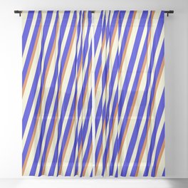 [ Thumbnail: Light Yellow, Blue & Chocolate Colored Lined/Striped Pattern Sheer Curtain ]