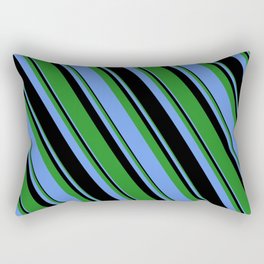 [ Thumbnail: Forest Green, Cornflower Blue & Black Colored Lines Pattern Rectangular Pillow ]