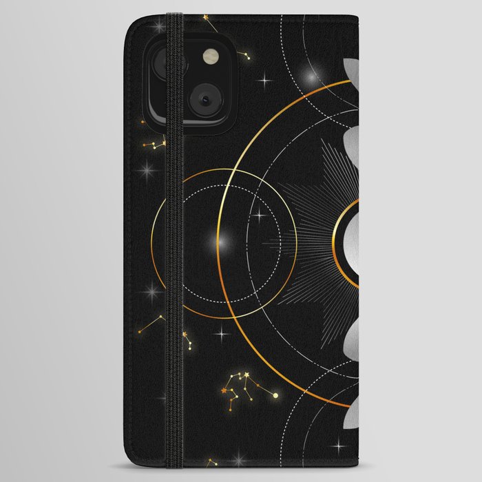 Constellations Moon phases stars and galaxy in night sky iPhone Wallet Case