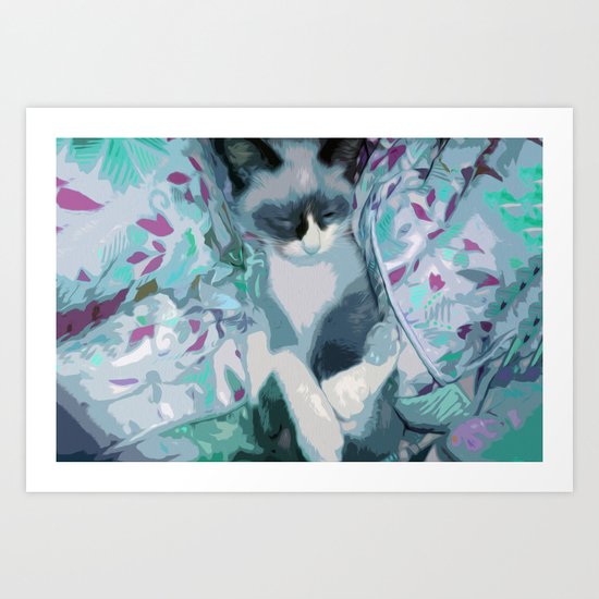Nestled Kitten in Comforter Cloud Art Print