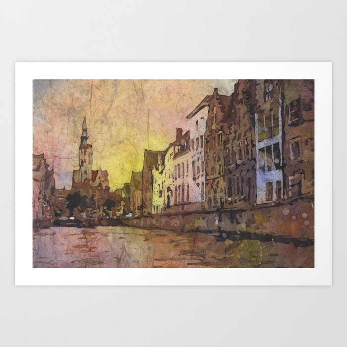 Church rising over medieval buildings of Bruges, Belgium at Jan Van Eyck Square.  Watercolor Art Print