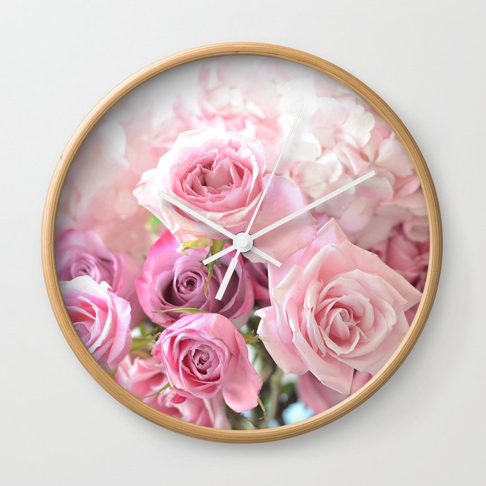 Pink Bouquet of Roses Shabby Chic Floral Wall Art Home Decor Wall Clock