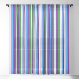 [ Thumbnail: Blue, Lavender, Green, and Indigo Colored Pattern of Stripes Sheer Curtain ]
