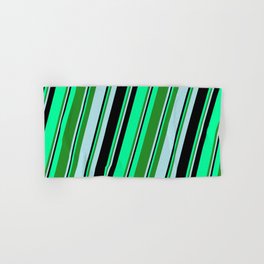 [ Thumbnail: Green, Forest Green, Powder Blue, and Black Colored Striped/Lined Pattern Hand & Bath Towel ]