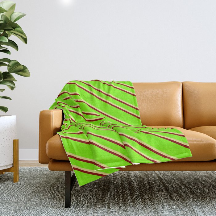 Green, Tan & Dark Red Colored Striped Pattern Throw Blanket