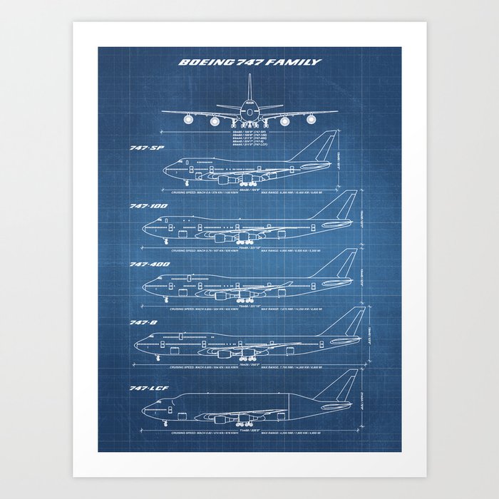 Boeing 747 Family Blueprint in High Resolution (light blue) Art Print