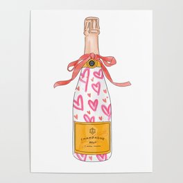 Drippy Preppy Hot Pink Hearts Painted Champagne Bottle Poster