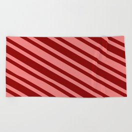 [ Thumbnail: Light Coral and Dark Red Colored Striped/Lined Pattern Beach Towel ]