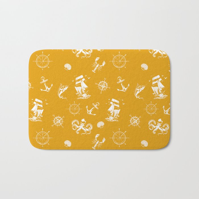 Mustard And White Silhouettes Of Vintage Nautical Pattern Bath Mat