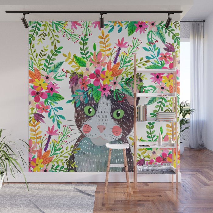 Cat with flowers Wall Mural