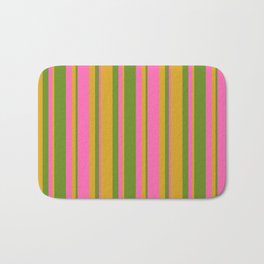 [ Thumbnail: Green, Goldenrod & Hot Pink Colored Lined Pattern Bath Mat ]