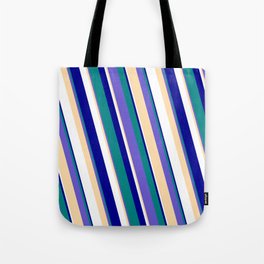 [ Thumbnail: Eyecatching Teal, Slate Blue, Tan, White, and Dark Blue Colored Stripes Pattern Tote Bag ]