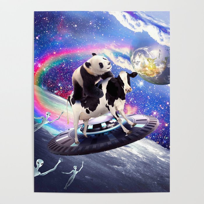 Cute Funny Panda Cow - Panda Riding Flying Cow UFO Poster