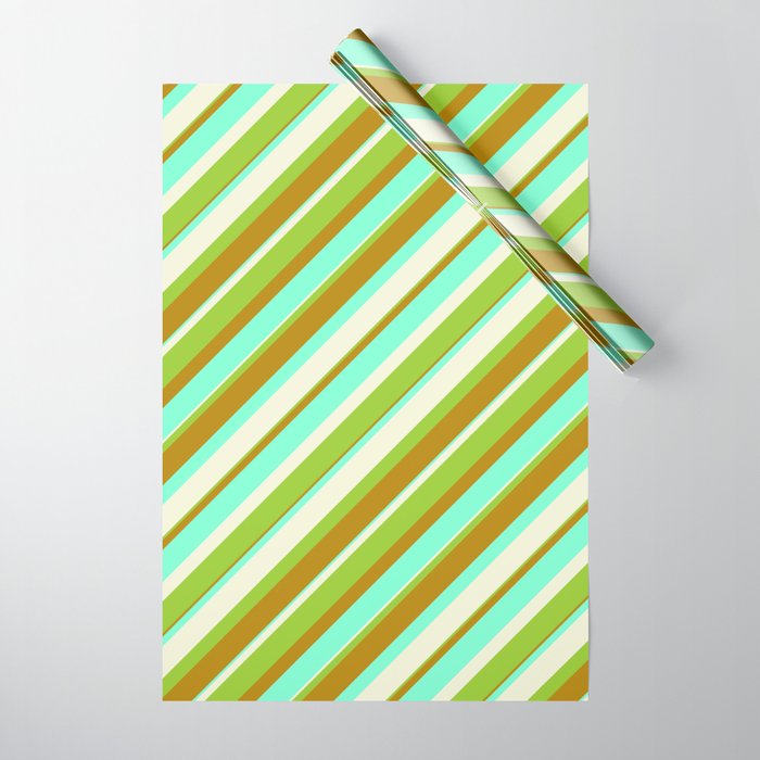 Beige, Green, Dark Goldenrod, and Aquamarine Colored Striped/Lined Pattern Wrapping Paper